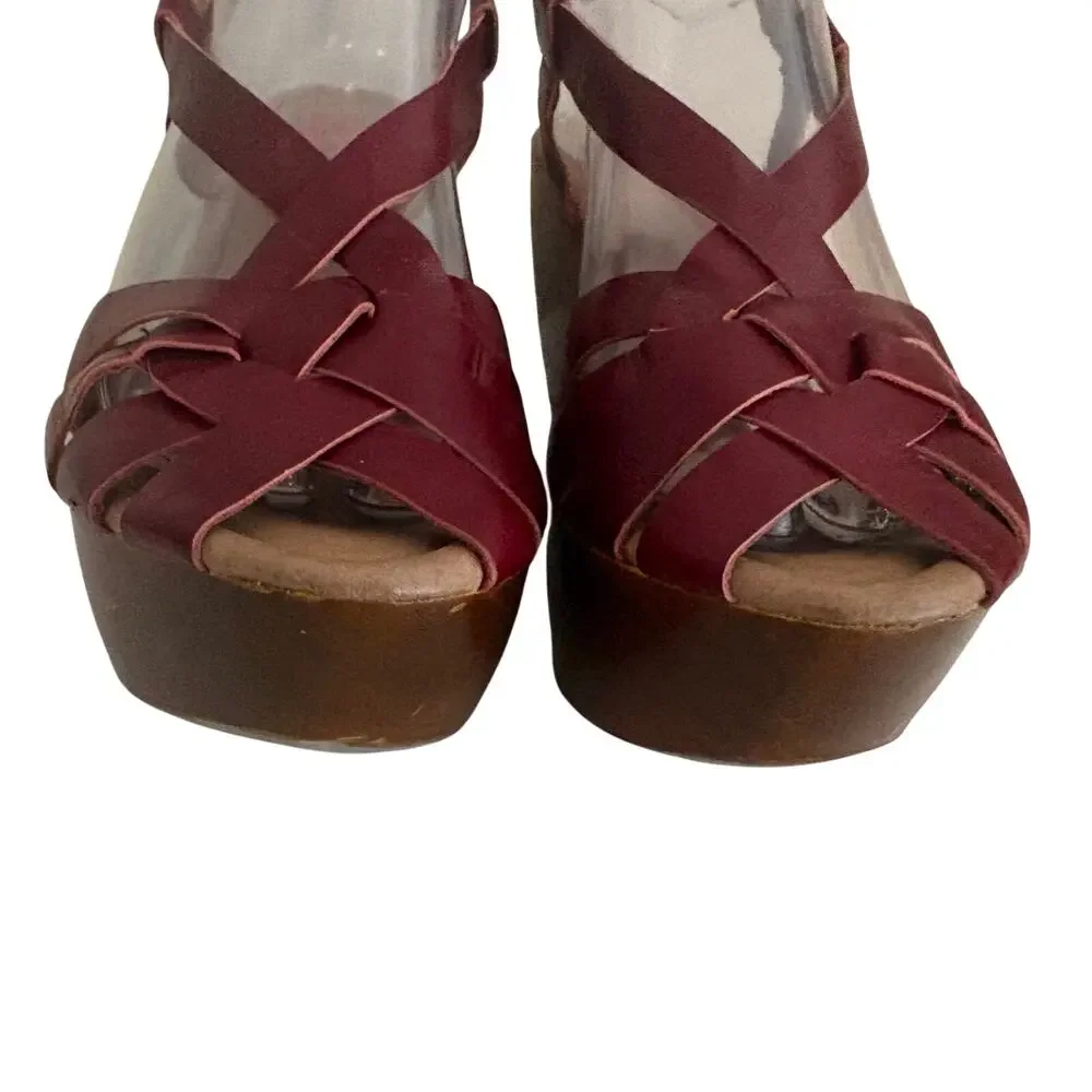 Miz Mooz Gizmo Maroon Leather Strappy Wood Wedge Slingback Sandals Basketweave